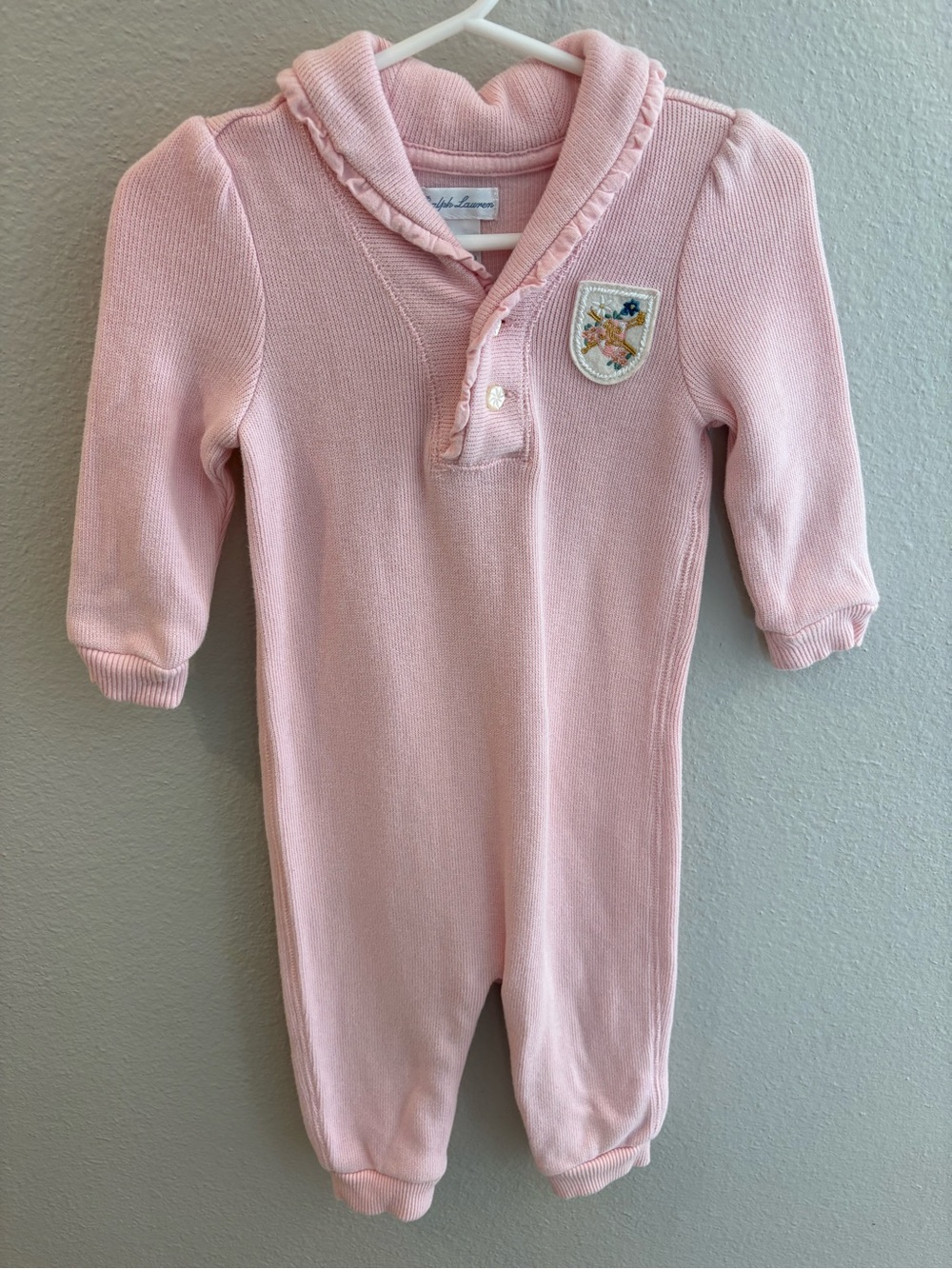 Ralph Lauren pink cotton baby girl one-piece romper ribbed knit embroidered 9 MO
